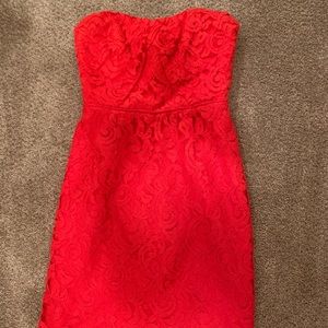 Red/coral strapless lace dress from J Crew